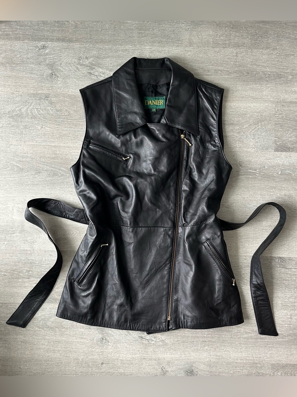 Danier Black Leather Sleeveless Moto Vest with Belted Waist Made in Canada